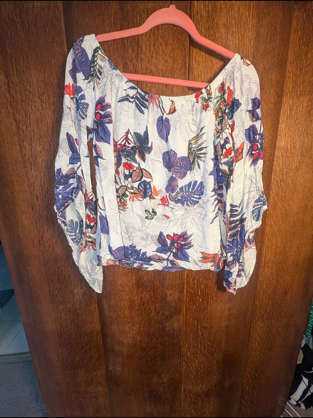Floral Off-Shoulder Women’s Top - White with Blue & Red Print